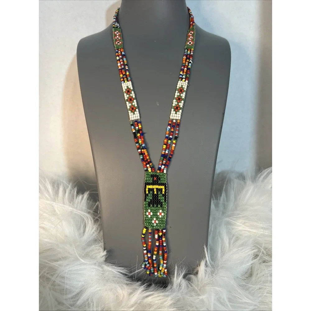 VTG Native American Handmade Seed Beaded Necklace Thunderbird Design Multicolor